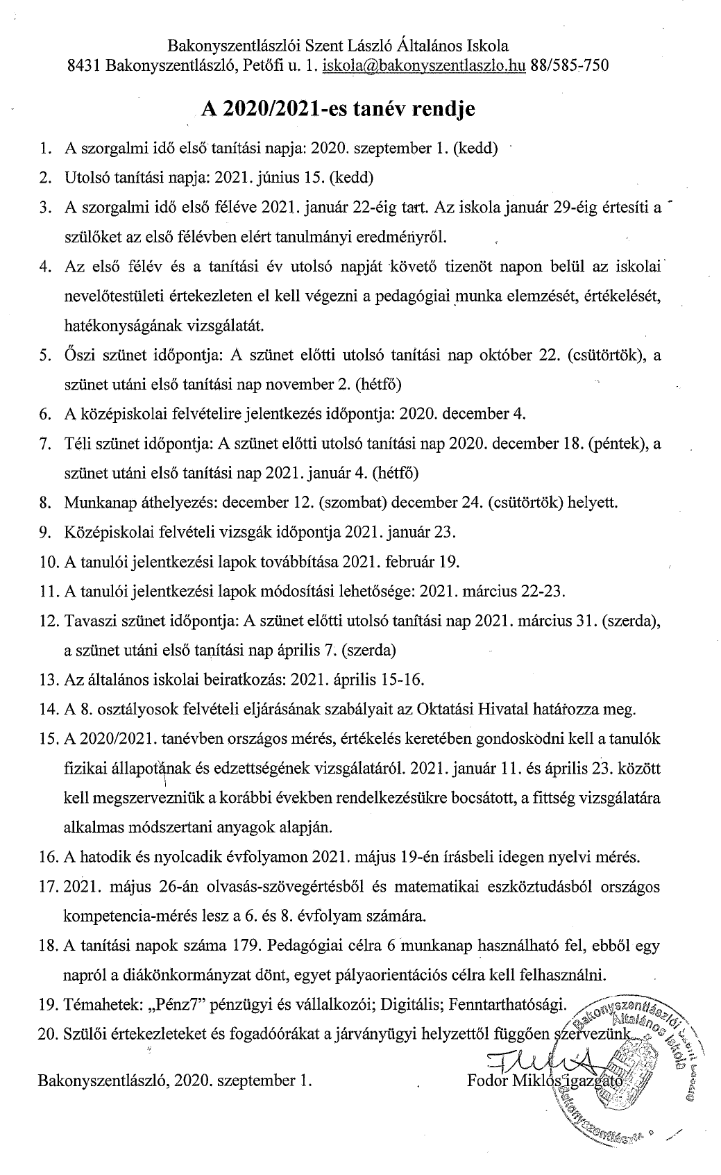 A 2020/2021-es tanév rendje